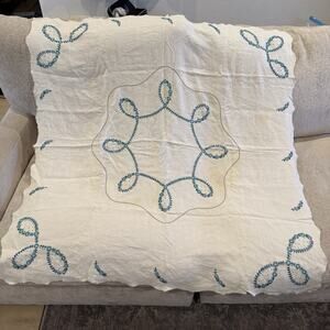 Vintage 44"x44" Scalloped Edge Tablecloth White with hand Embroidered Floral